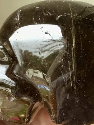 Smoky Quartz Crystal Skull With Gold Rutile