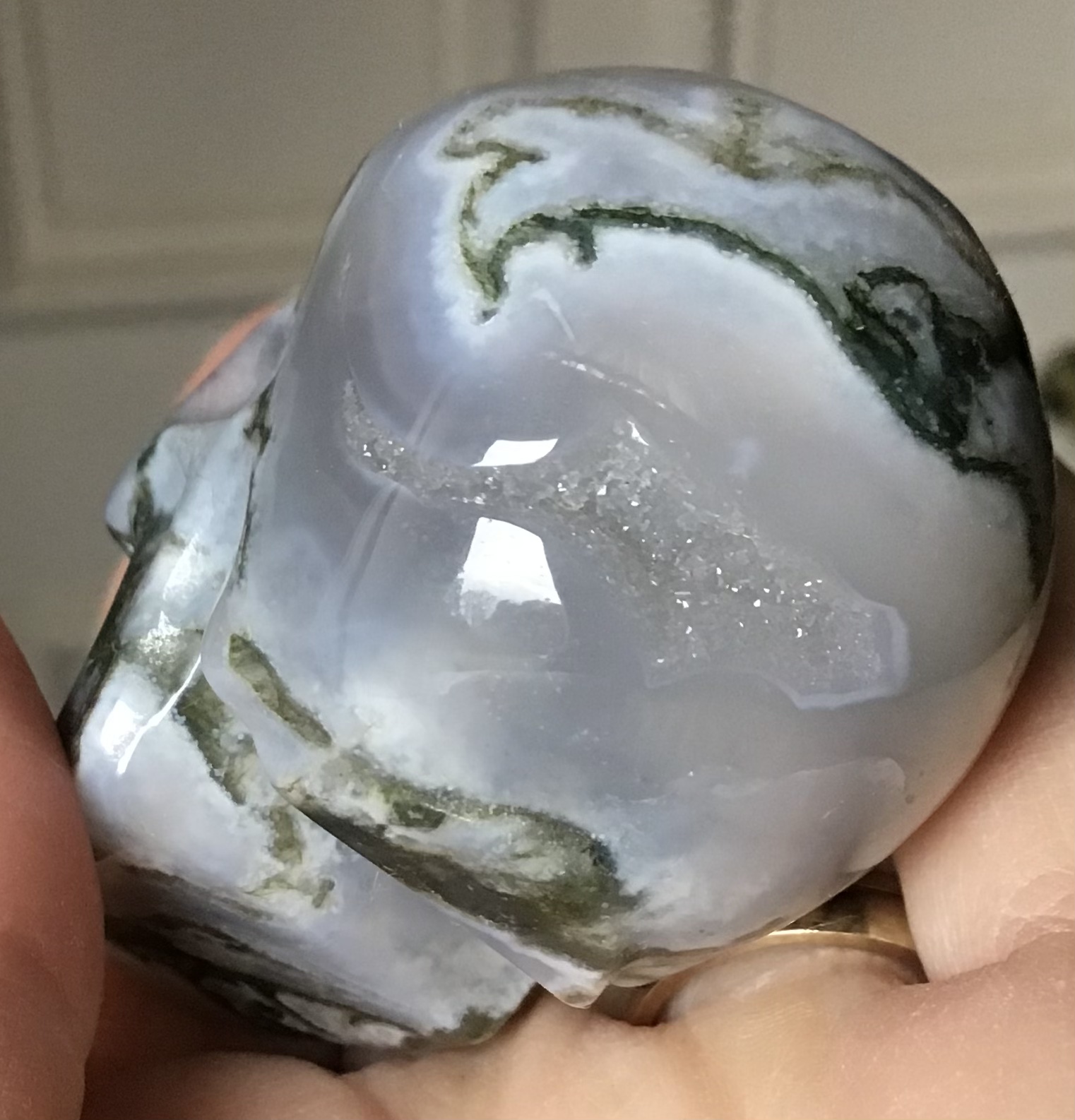 Quartz Moss Agate Geode Crystal Skull