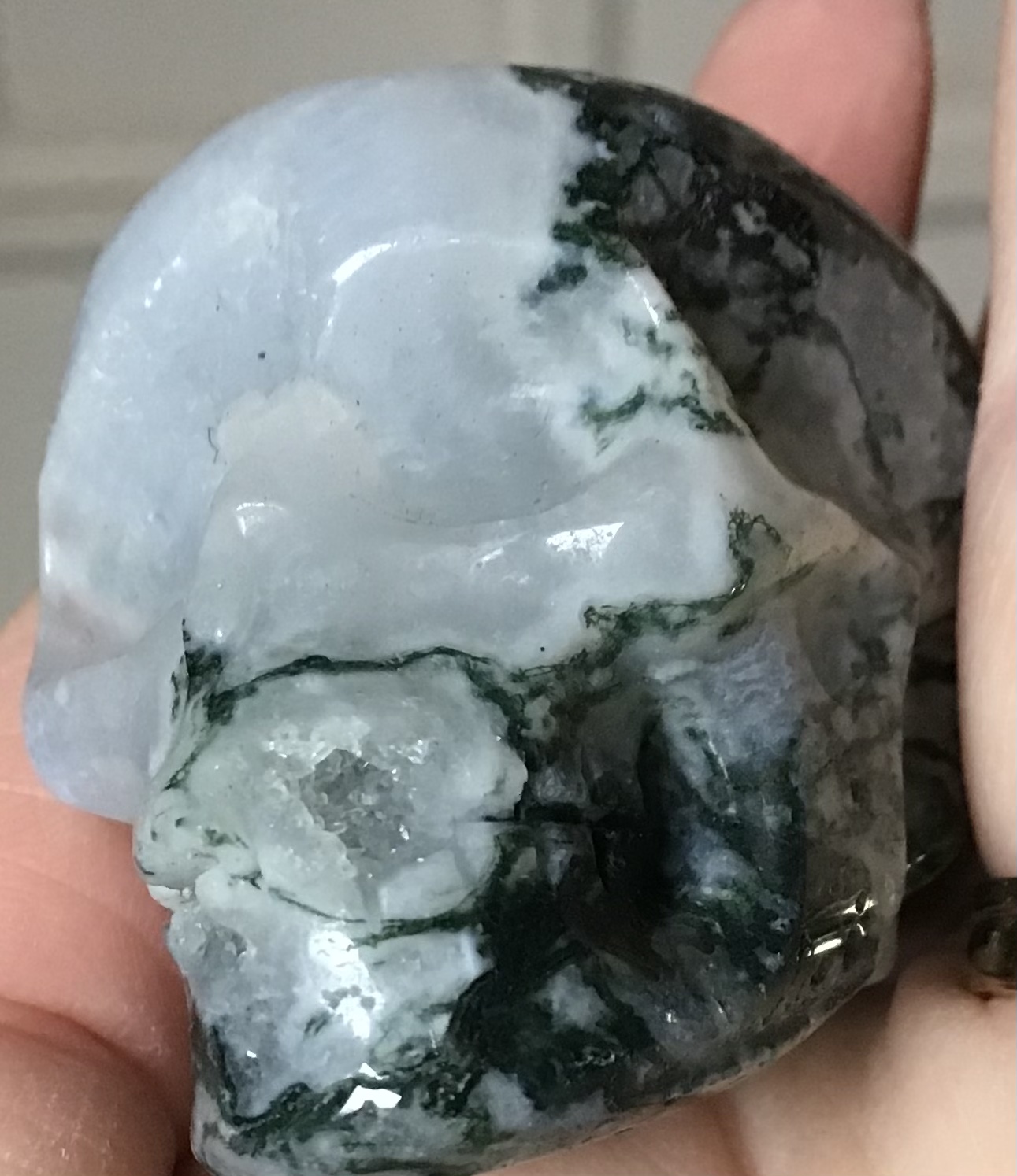 Quartz Moss Agate Geode Crystal Skull - Image 9