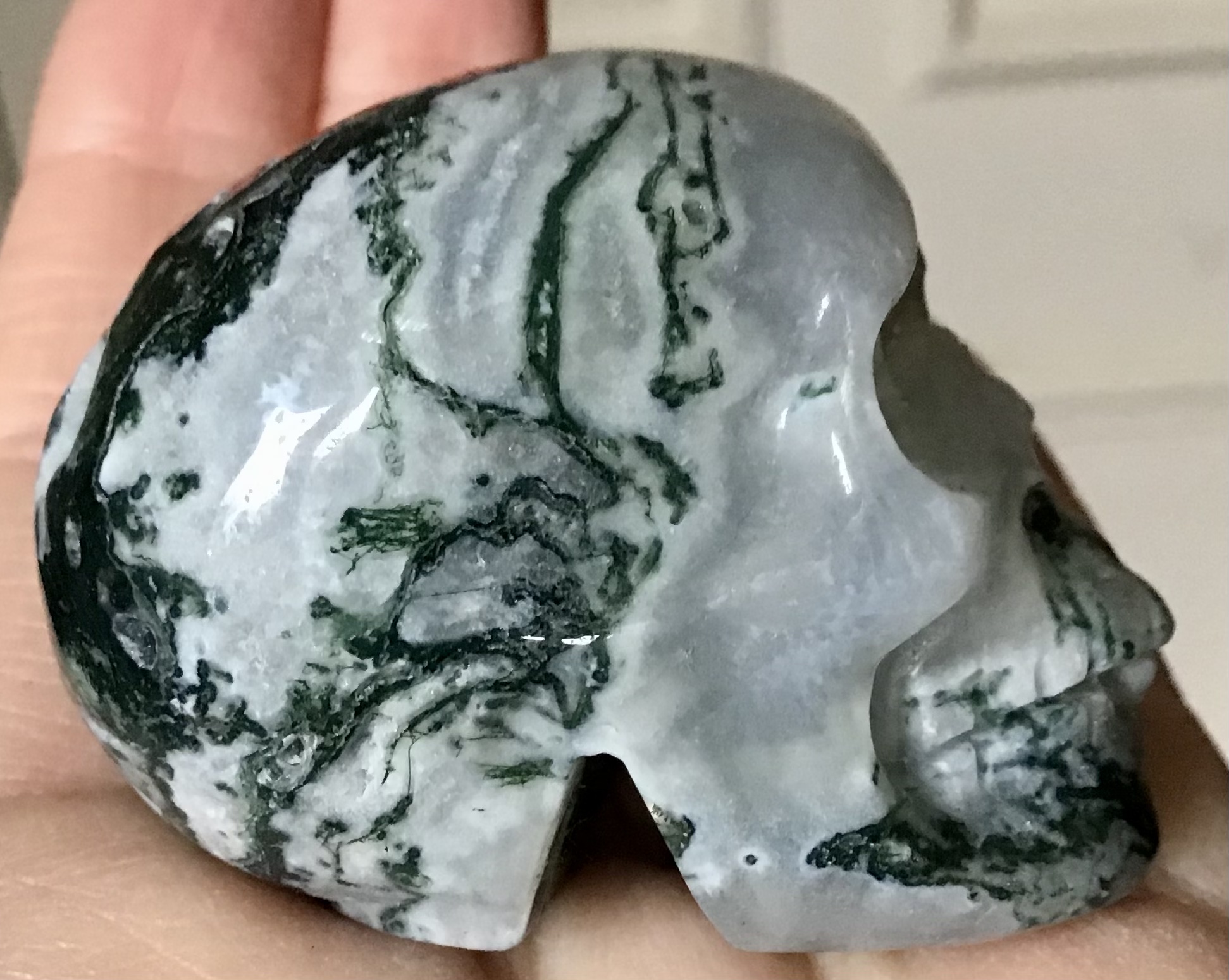Quartz Moss Agate Geode Crystal Skull - Image 6