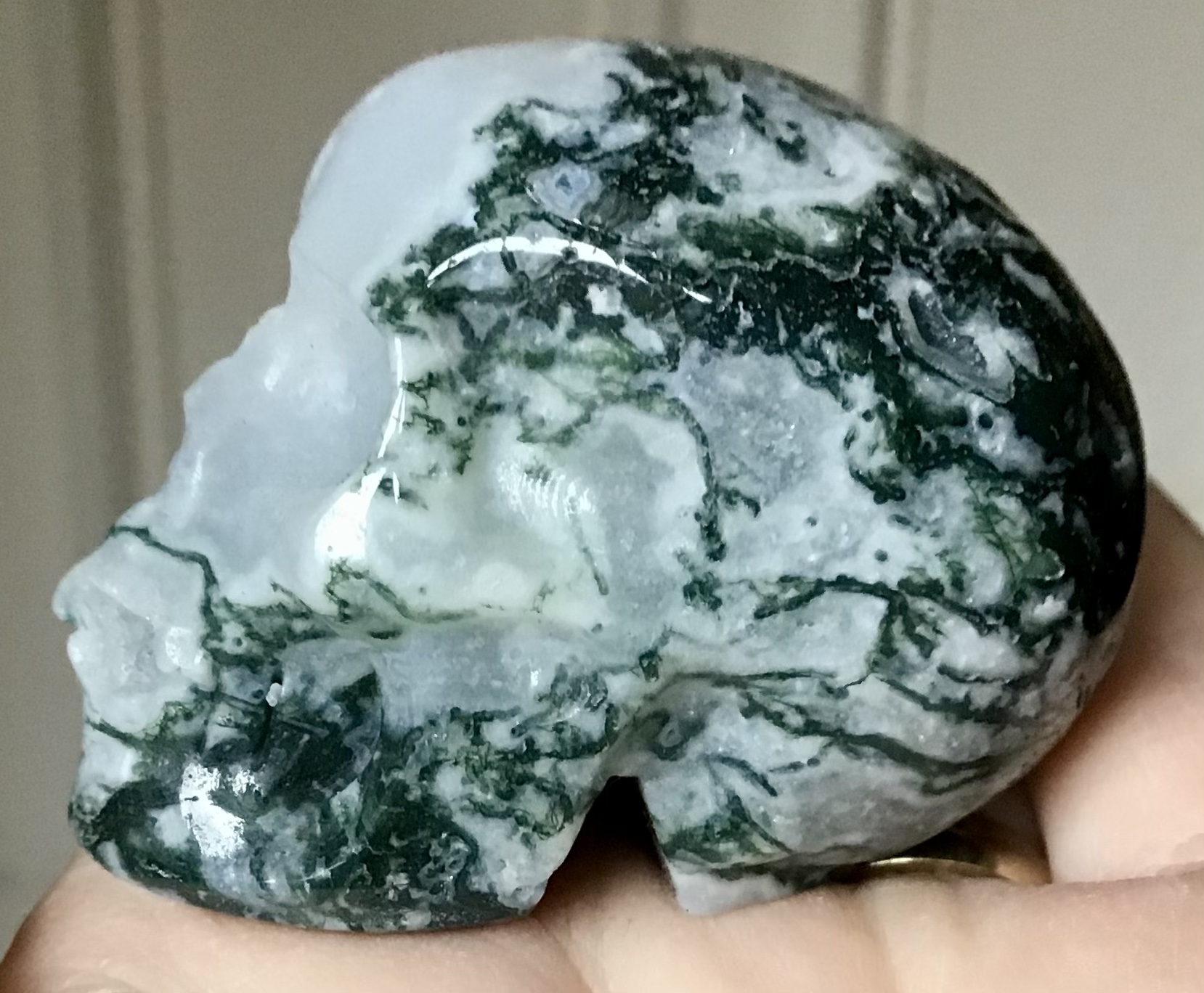 Quartz Moss Agate Geode Crystal Skull - Image 2