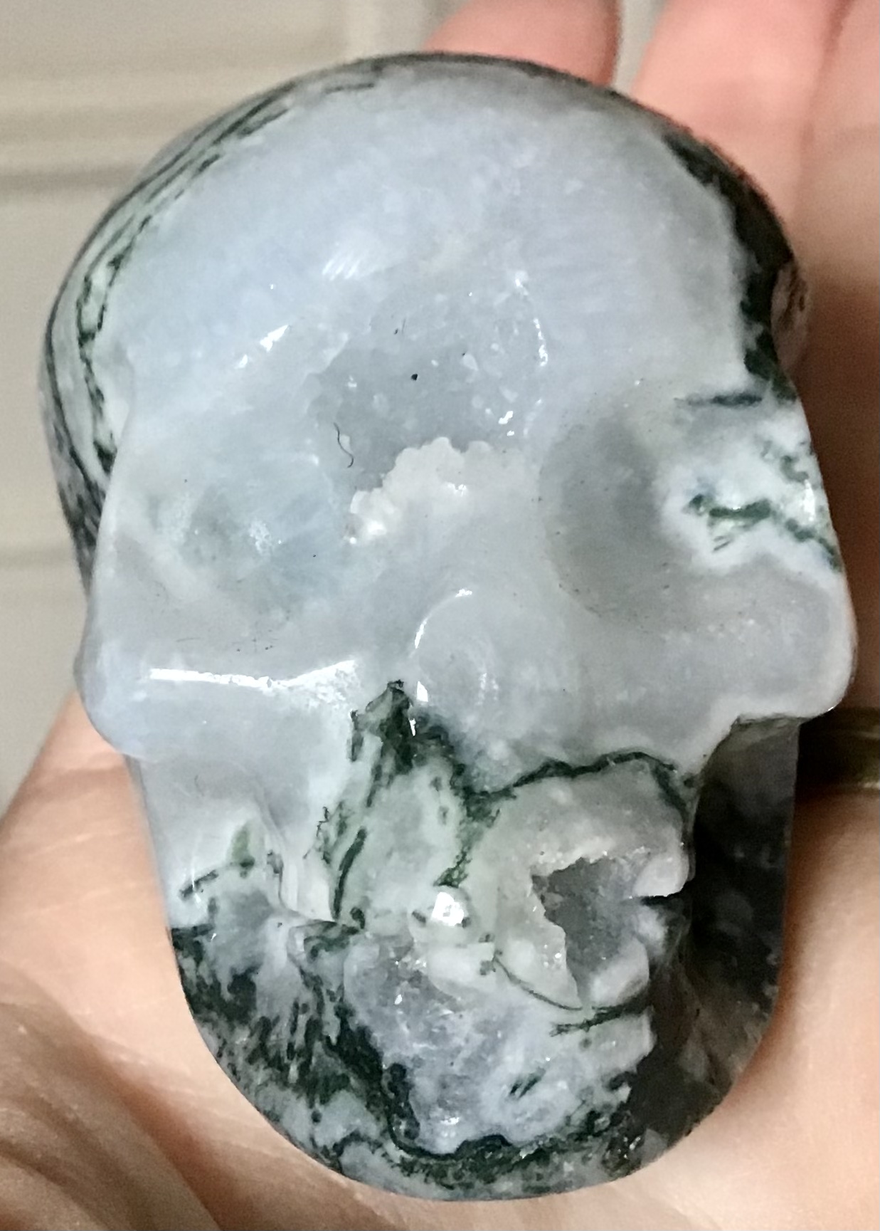 Quartz Moss Agate Geode Crystal Skull