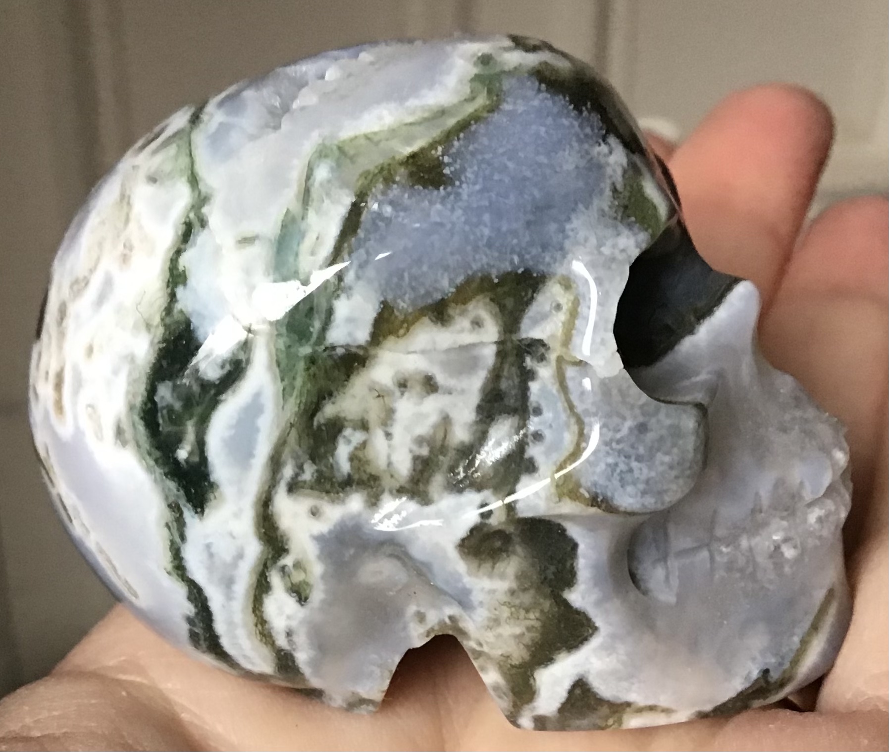 Quartz Moss Agate Geode Crystal Skull - Image 6