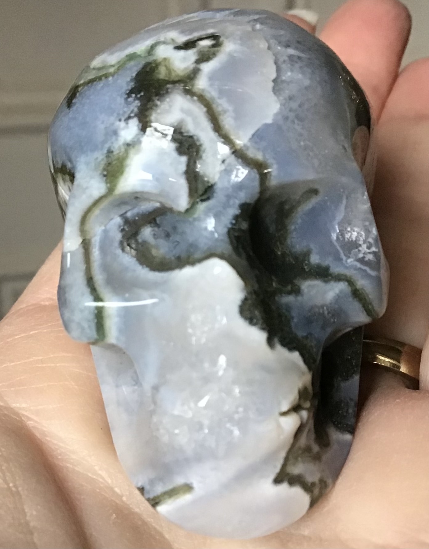 Quartz Moss Agate Geode Crystal Skull - Image 8