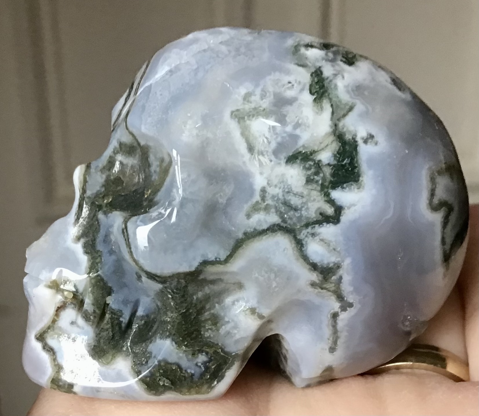 Quartz Moss Agate Geode Crystal Skull - Image 2