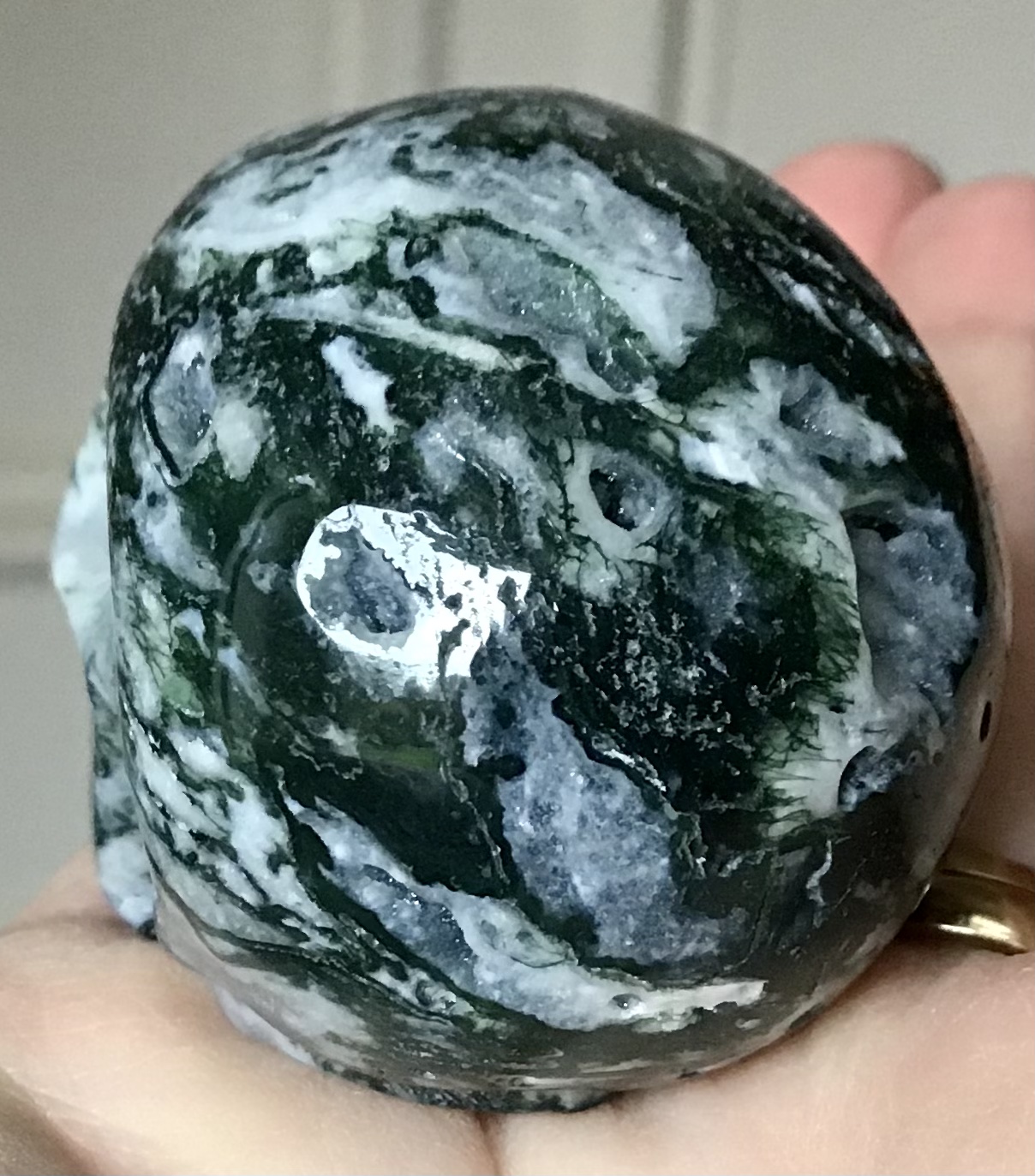 Quartz Moss Agate Geode Crystal Skull - Image 3