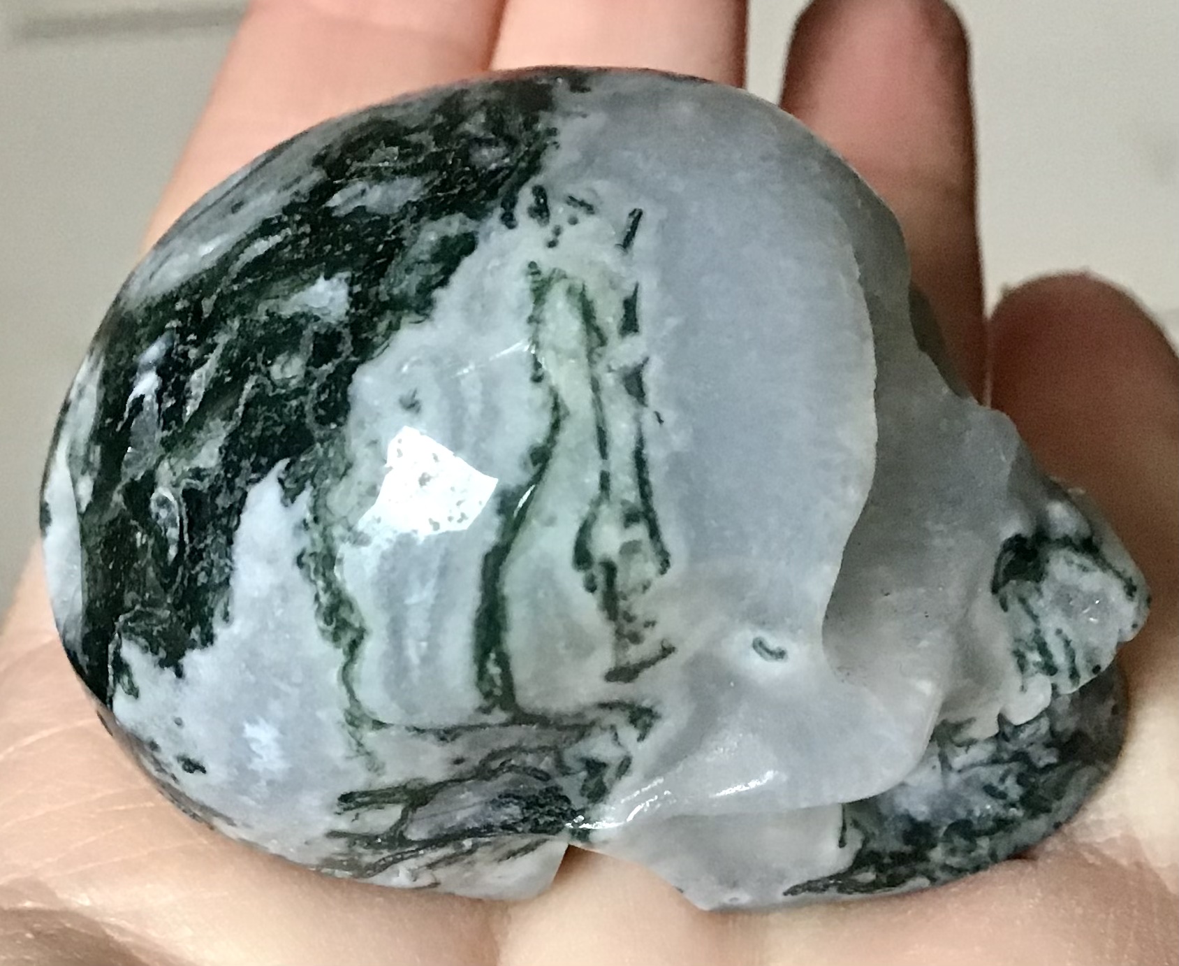 Quartz Moss Agate Geode Crystal Skull - Image 5