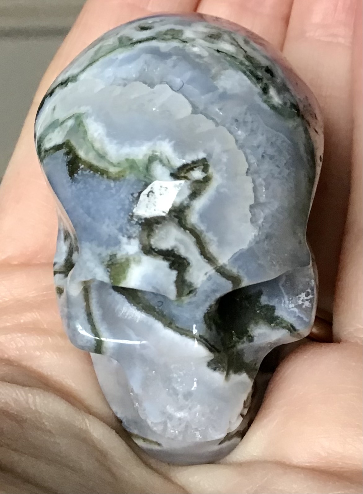 Quartz Moss Agate Geode Crystal Skull - Image 9