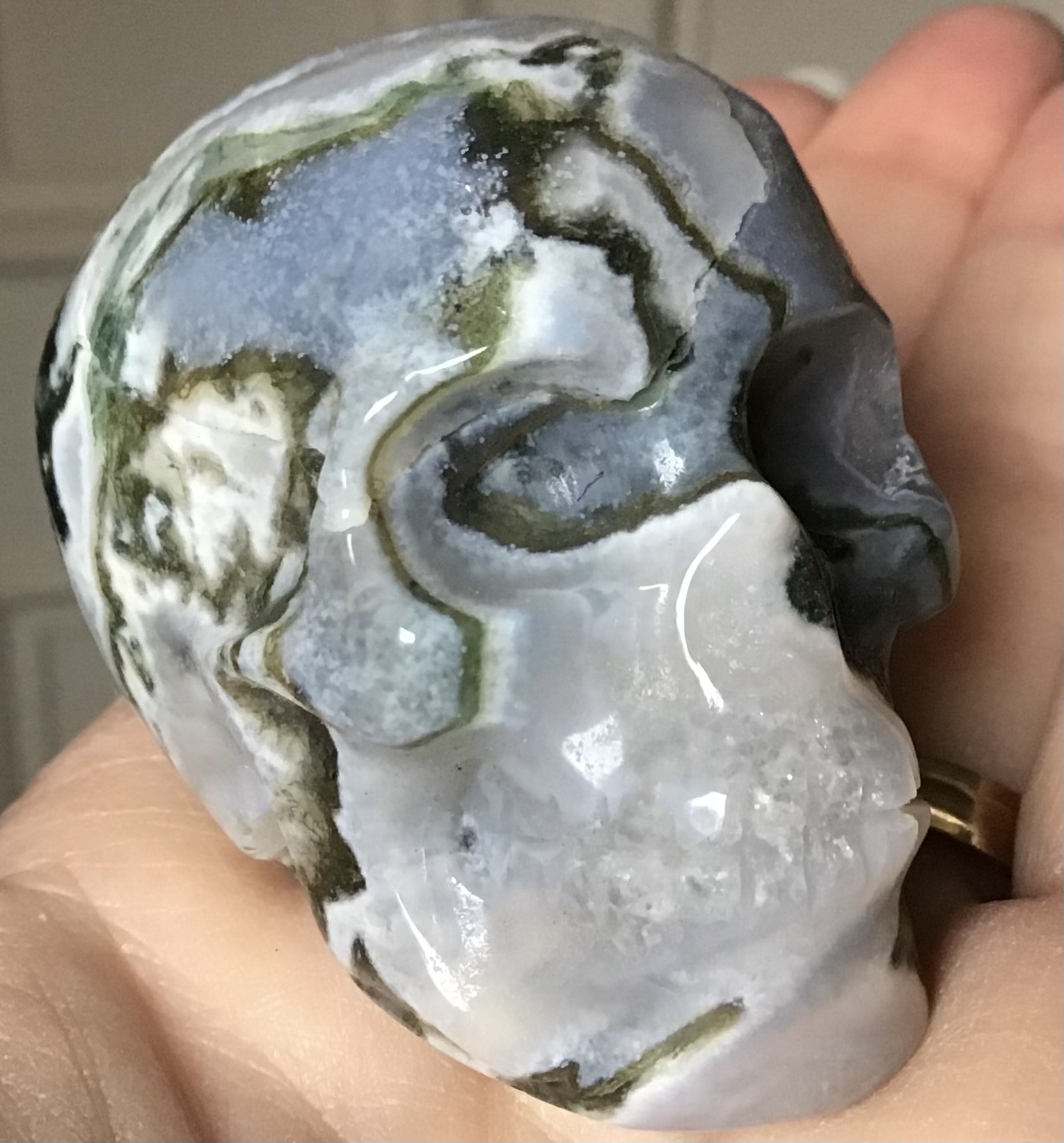 Quartz Moss Agate Geode Crystal Skull - Image 7