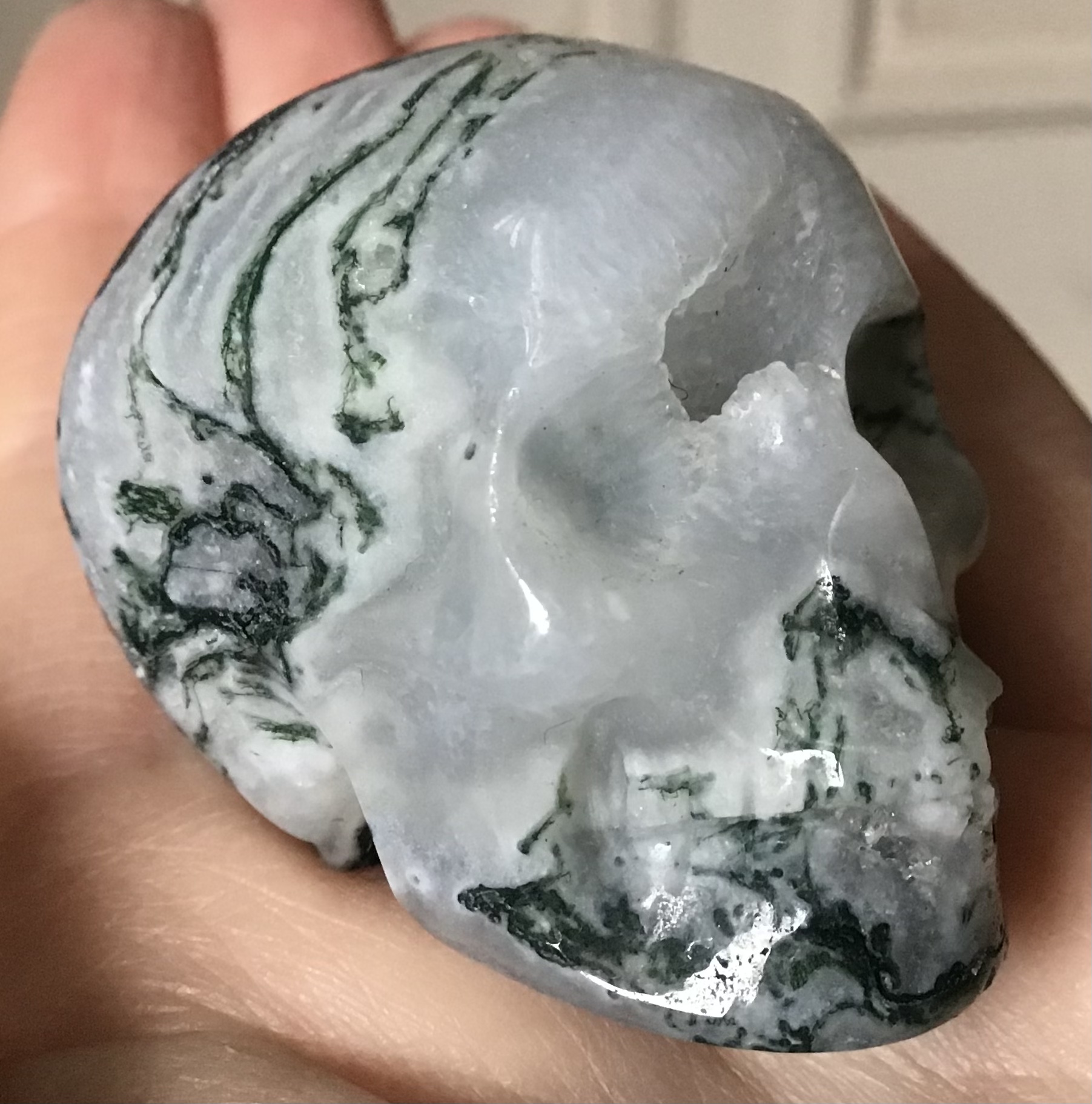 Quartz Moss Agate Geode Crystal Skull - Image 7