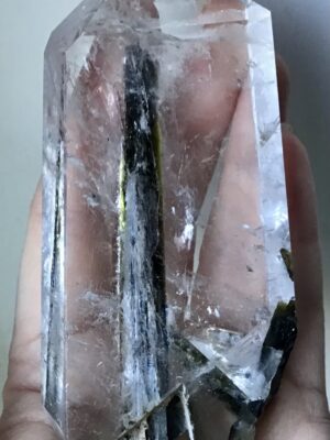 Green Tourmaline Wand In Clear Quartz Crystal